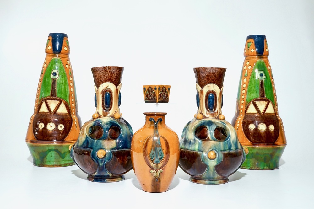 A collection of Flemish pottery Art Nouveau and Art Deco vases, 20th C.