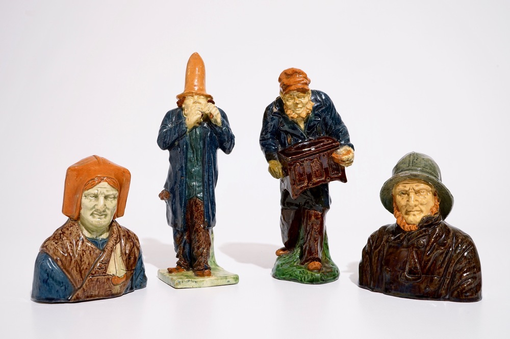 Vier figuren in Vlaams aardewerk van een visserskoppel en twee muzikanten, wellicht Laignel, 19/20e eeuw