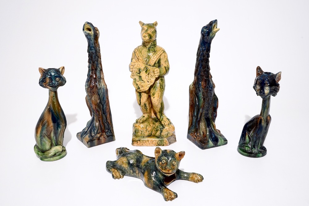 A collection of Flemish pottery figures, incl. cats, gargoyles and a Bruges bear, 20th C.