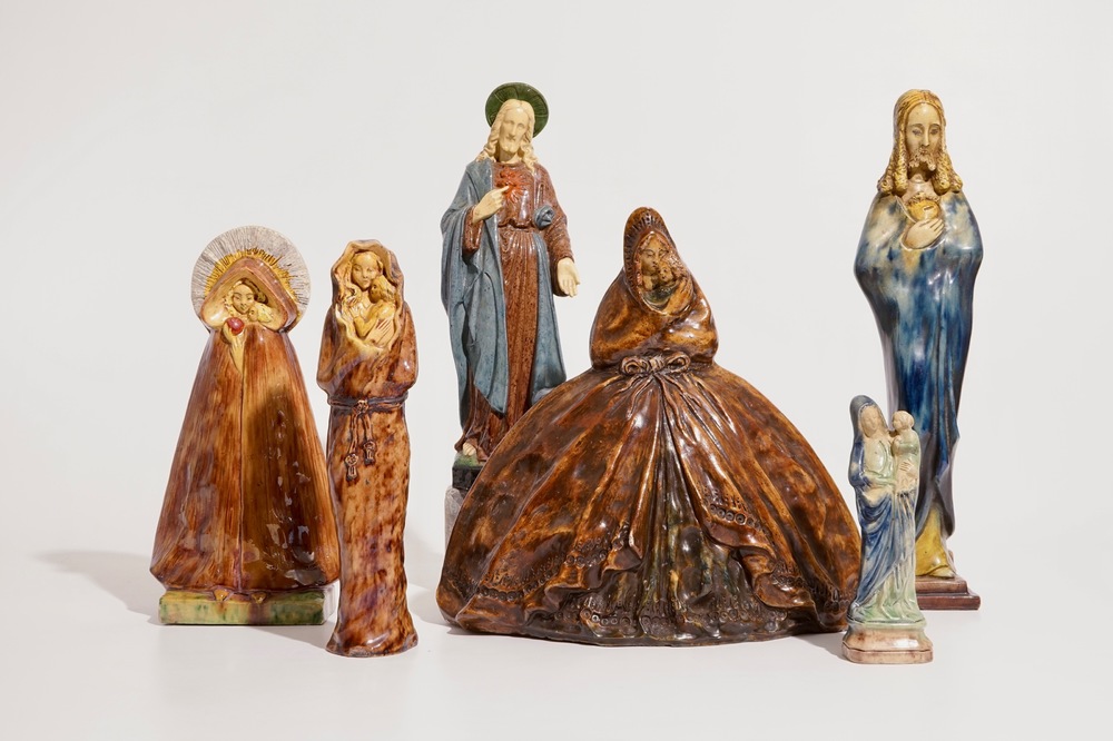 Six religious Flemish pottery figures, incl. Laigneil and Noseda workshops, 20th C.