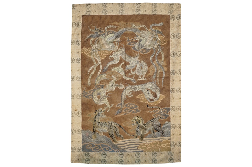 A Japanese embroidered silk wall hanging panel with tigers, dragons and phoenixes, Edo/Meiji, 19th C.
