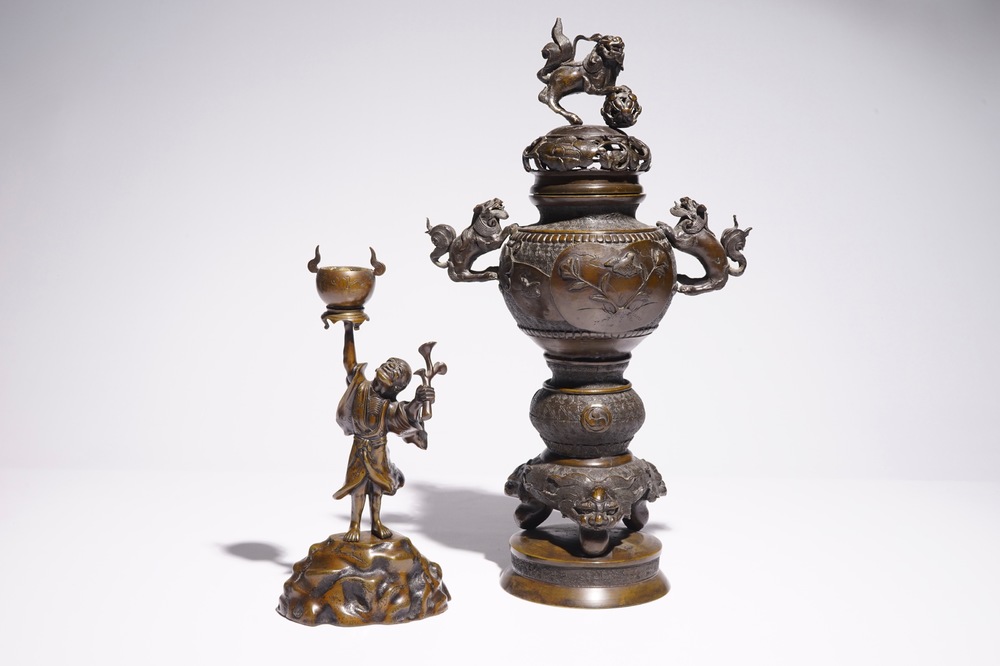 A Japanese bronze koro on foot and a figurative incense burner, Meiji/Taisho, 19/20th C.