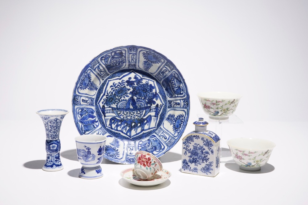 A varied selection of Chinese blue and white and famille rose wares, Wanli, Kangxi and later