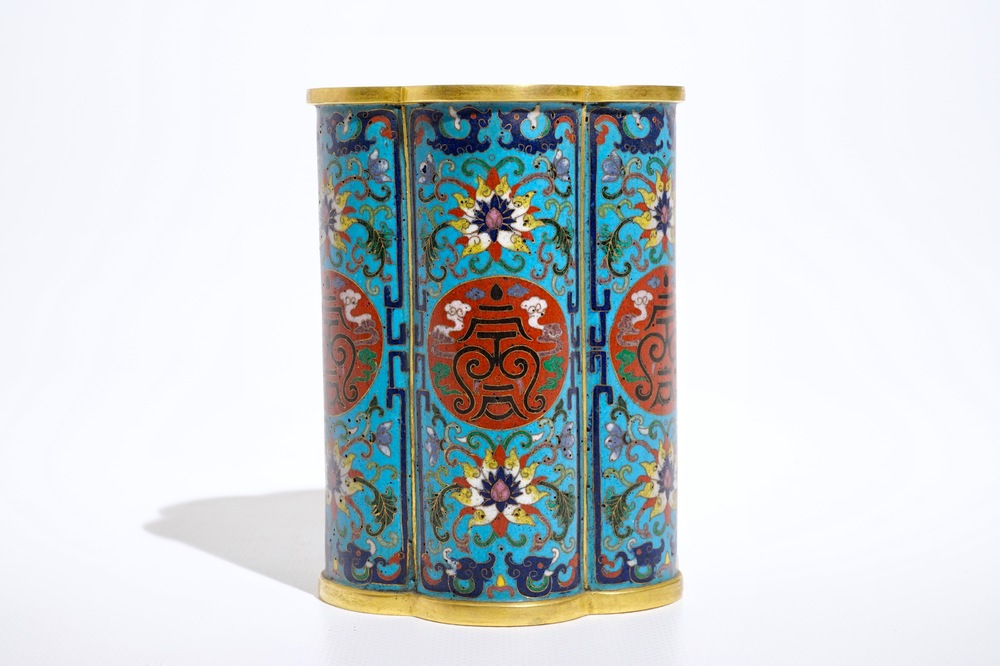 A Chinese gilt bronze and cloisonn&eacute; enamel brush pot, Qianlong mark, 18/19th C.