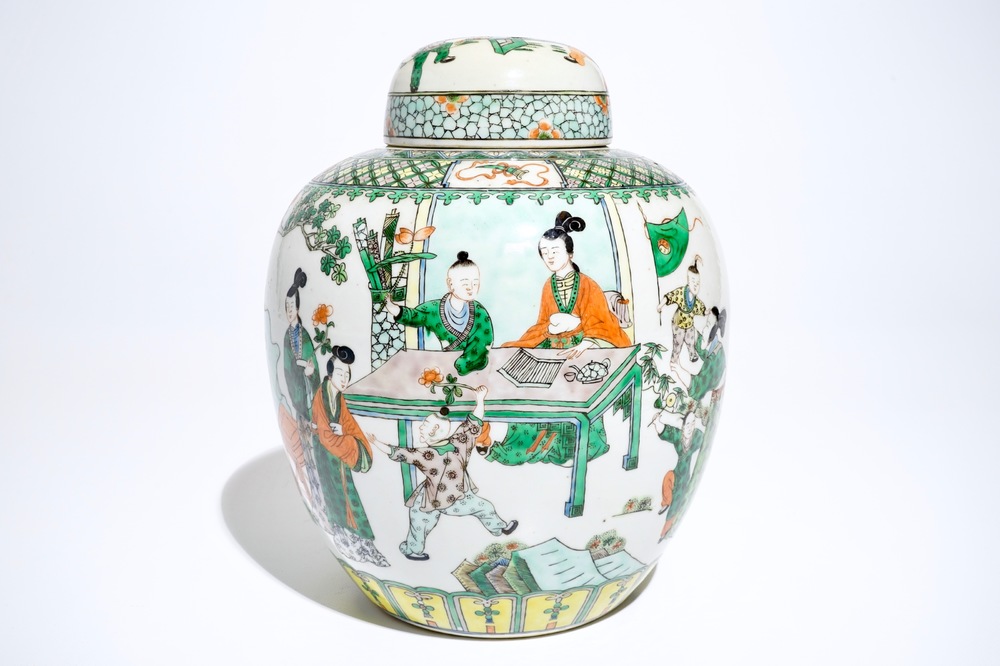 A large Chinese famille verte ginger jar and cover, 19th C.
