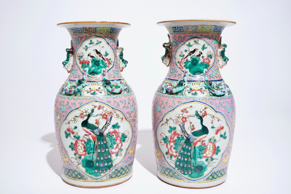 A pair of Chinese famille rose vases with birds, 19th C.