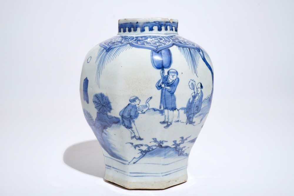 A Chinese blue and white octagonal baluster vase, Transitional period