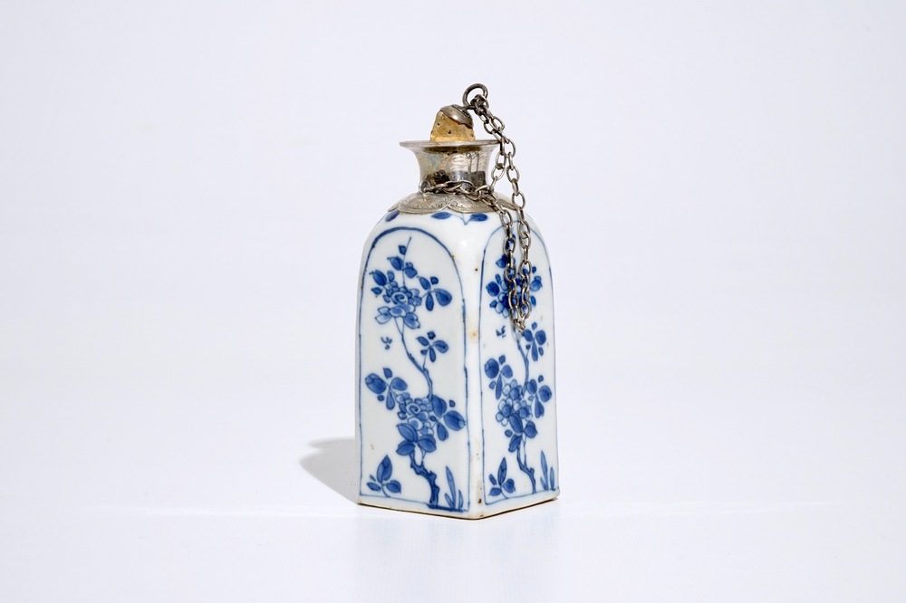 A square Chinese blue and white silver-mounted flask, Kangxi
