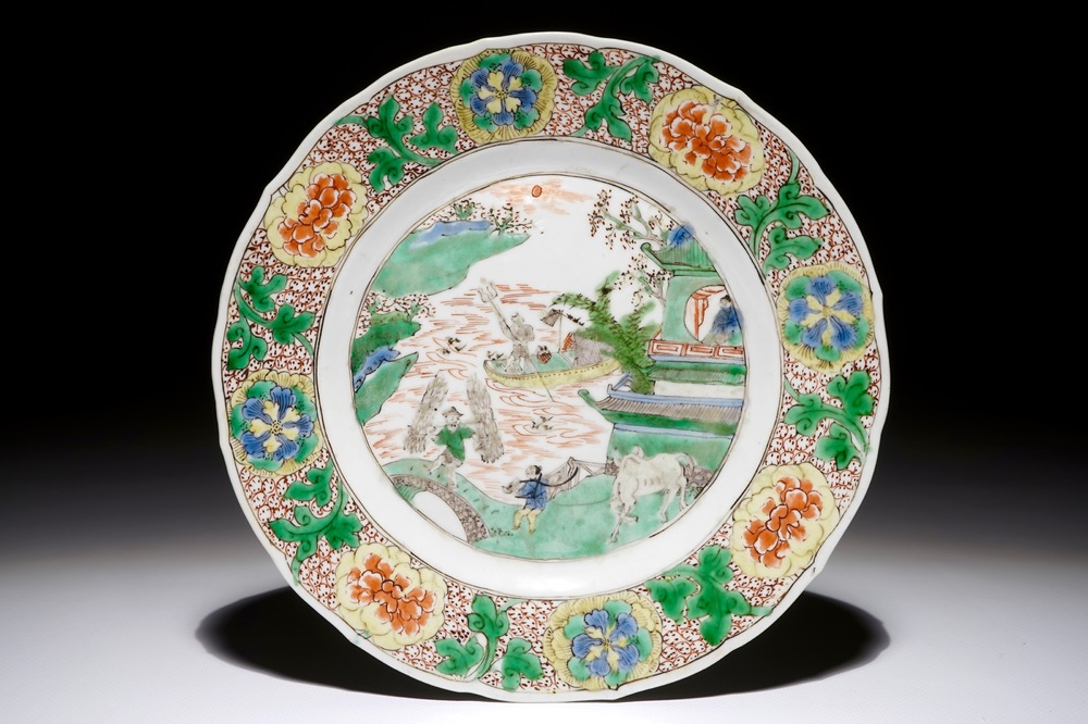 A Chinese famille verte plate with a fluvial landscape, Kangxi