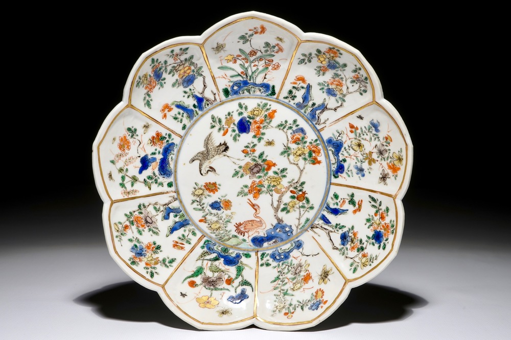 A Chinese famille verte lotus-shaped plate, Kangxi