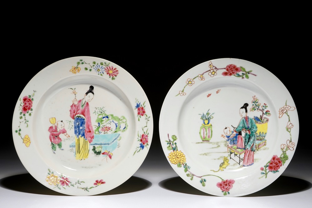 Two Chinese famille rose plates with a lady with child, Yongzheng