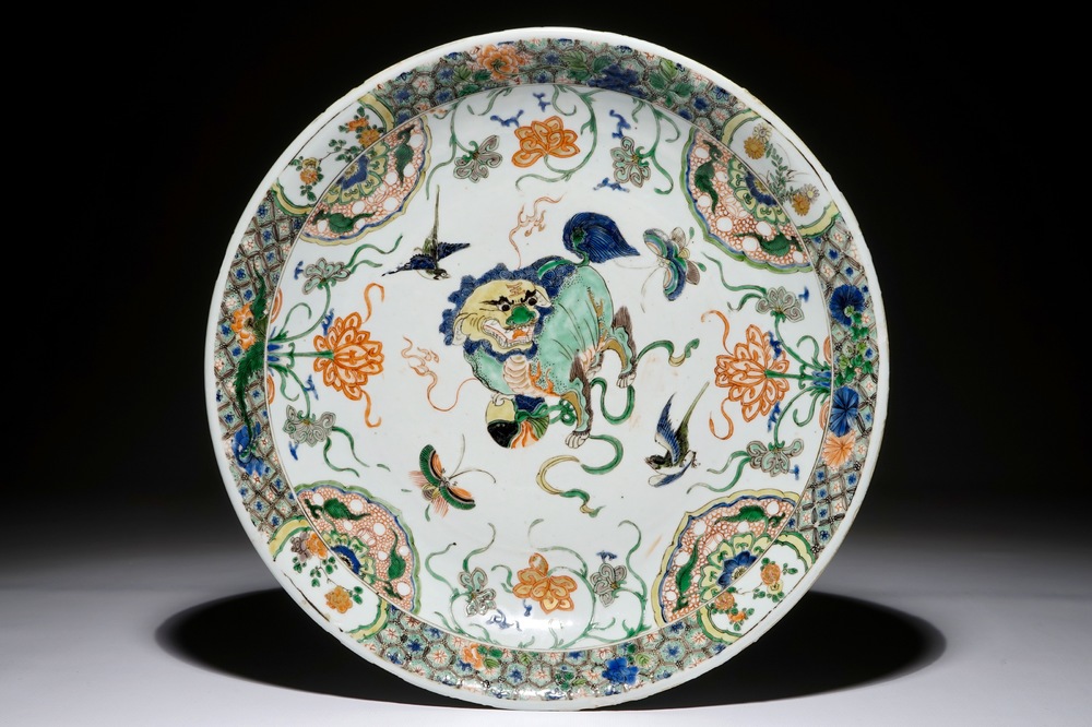 A Chinese famille verte Buddhist lion charger, Kangxi