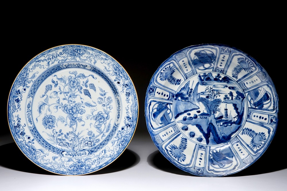 A Chinese blue and white landscape charger, Wanli landscape and a floral charger, Qianlong