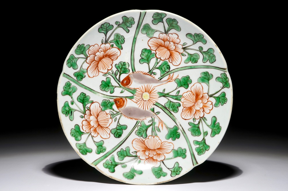 A Chinese wucai plate with twin fish design, Wanli
