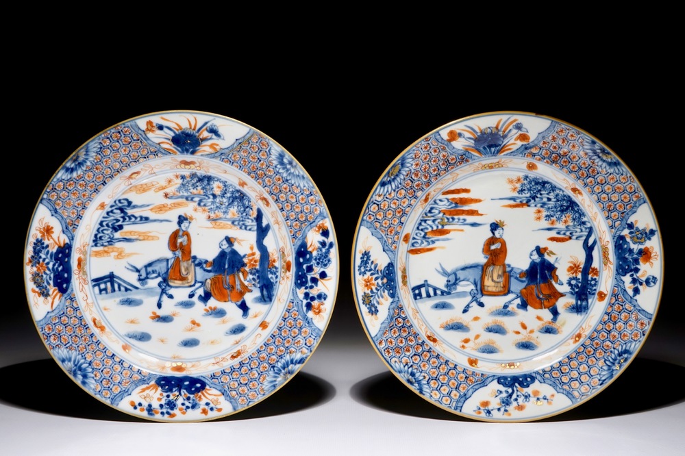 A pair of Chinese Imari style plates with a lady on a donkey, Kangxi