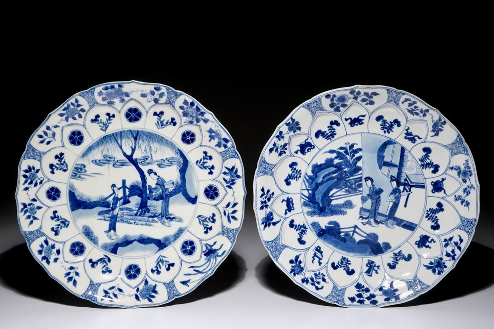 Two Chinese blue and white lotus-shaped dishes with ladies in a garden, Chenghua mark, Kangxi
