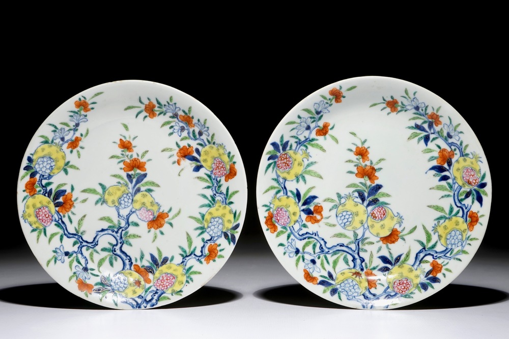 A pair of Chinese doucai pomegranate plates, Qianlong mark and of the period