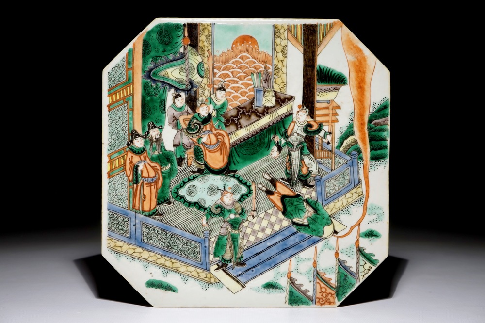 A Chinese octagonal famille verte tile plaque, 19th C.