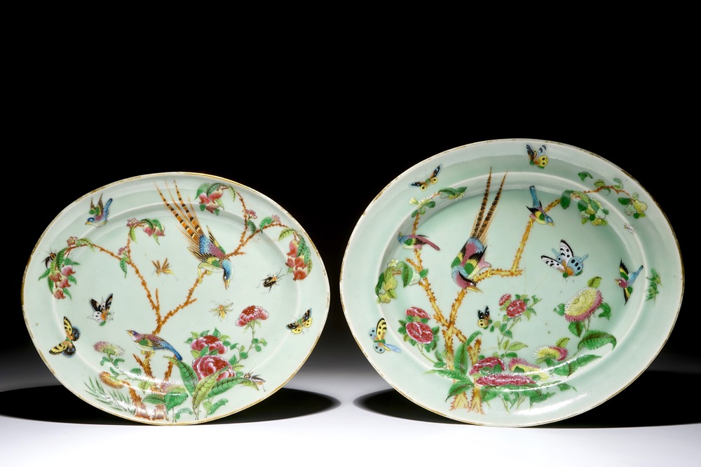 Two oval Chinese Canton famille rose on celadon-ground dishes, 19th C.