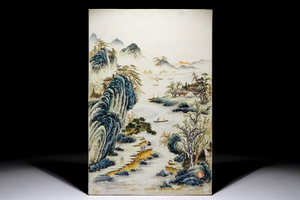 A large Chinese qianjiang cai plaque, 20th C.