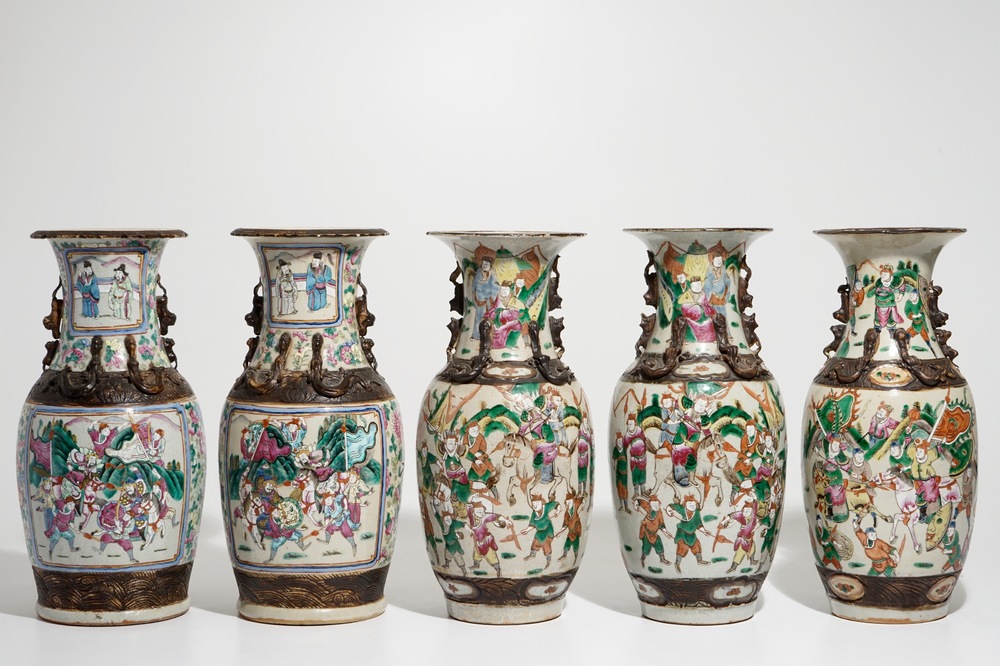 Two pairs of Chinese Nanking famille rose vases and one individual example, 19/20th C.