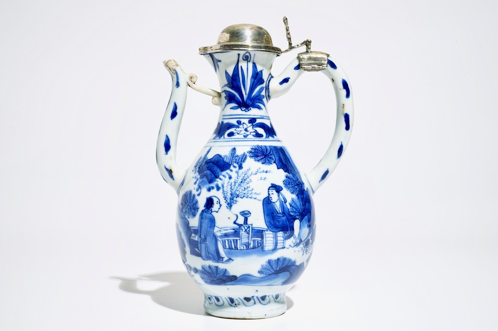 A Chinese blue and white silver-mounted jug, Transitional period