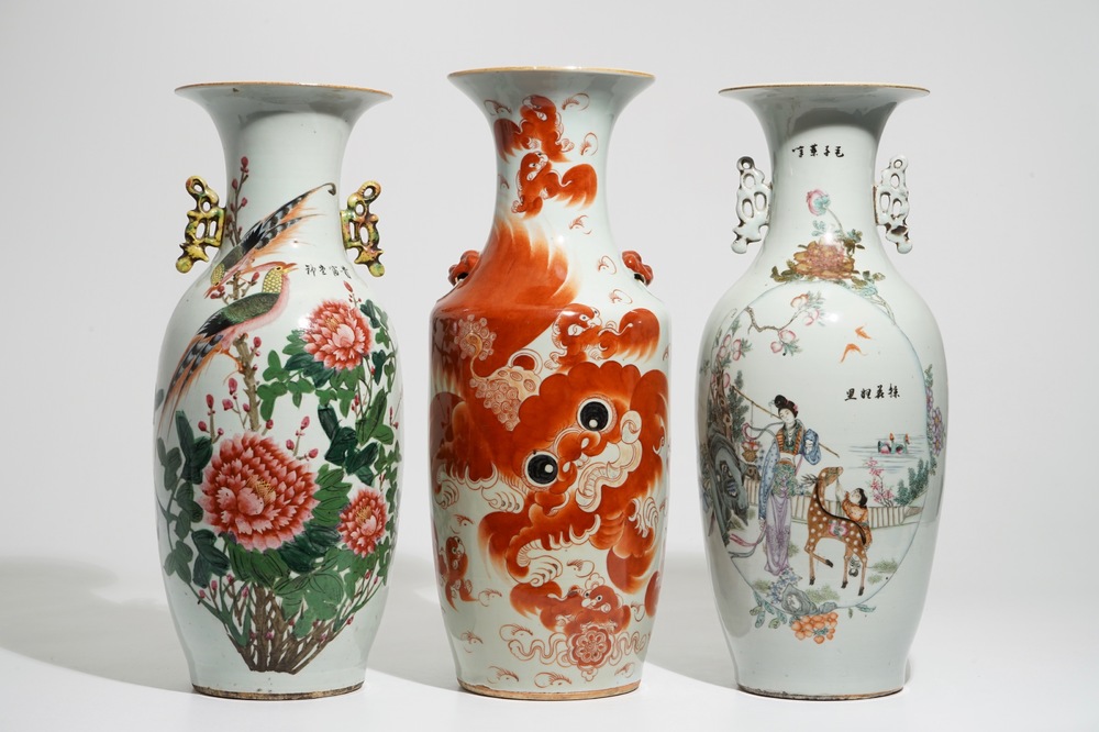 Three tall Chinese famille rose and iron-red vases, 19/20th C.