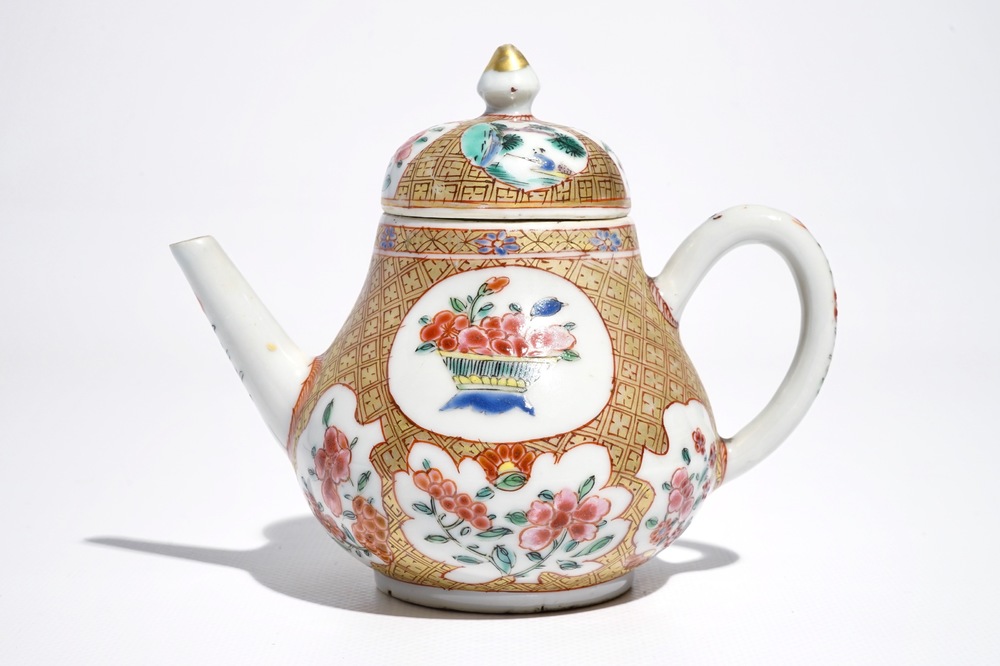 A Chinese famille rose teapot with floral and geometric design, Yongzheng