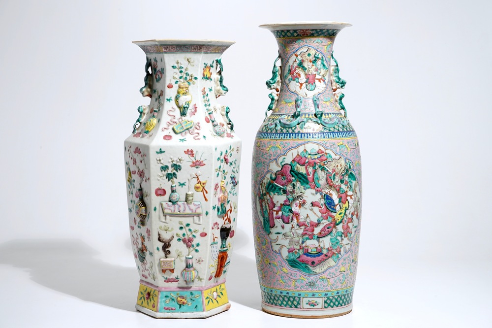 Two Chinese famille rose vases, one with applied design, 19th C.