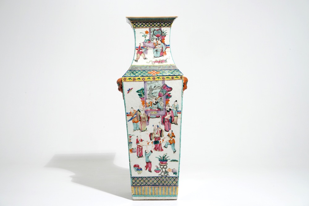 A square Chinese famille rose vase with court scenes, 19th C.