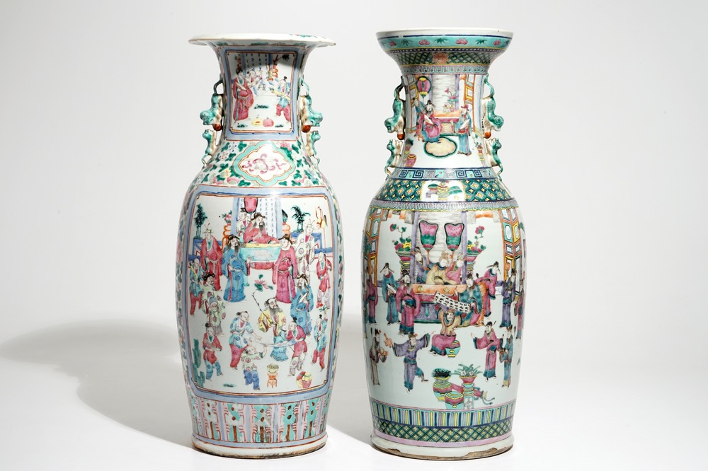 Two tall Chinese famille rose vases with court scenes, 19th C.