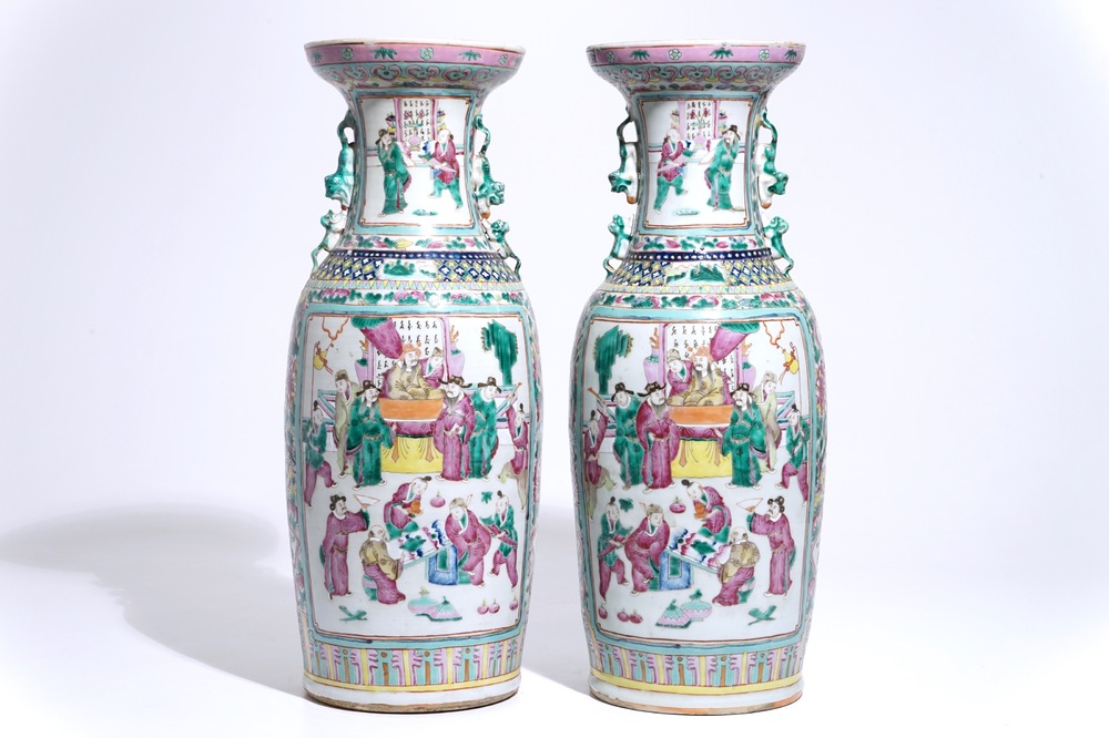 A pair of tall Chinese famille rose vases with figural design, 19th C.