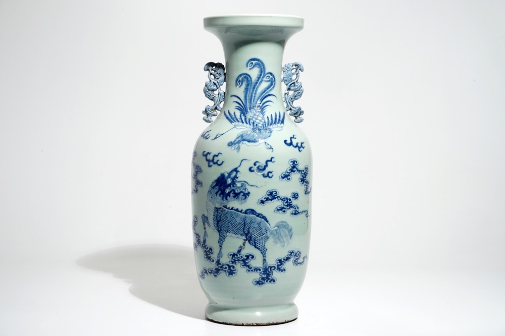 A tall Chinese blue and white celadon-ground vase with a dragon and a phoenix, 19th C.