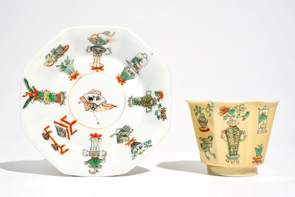 A Chinese famille verte caf&eacute; au lait-ground cup and saucer, Kangxi