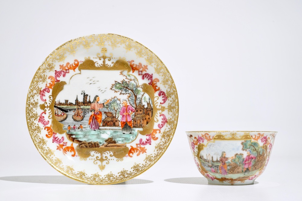 Une tasse et soucoupe en porcelaine de Chine famille rose &agrave; d&eacute;cor de Pierre Ier le Grand, Qianlong