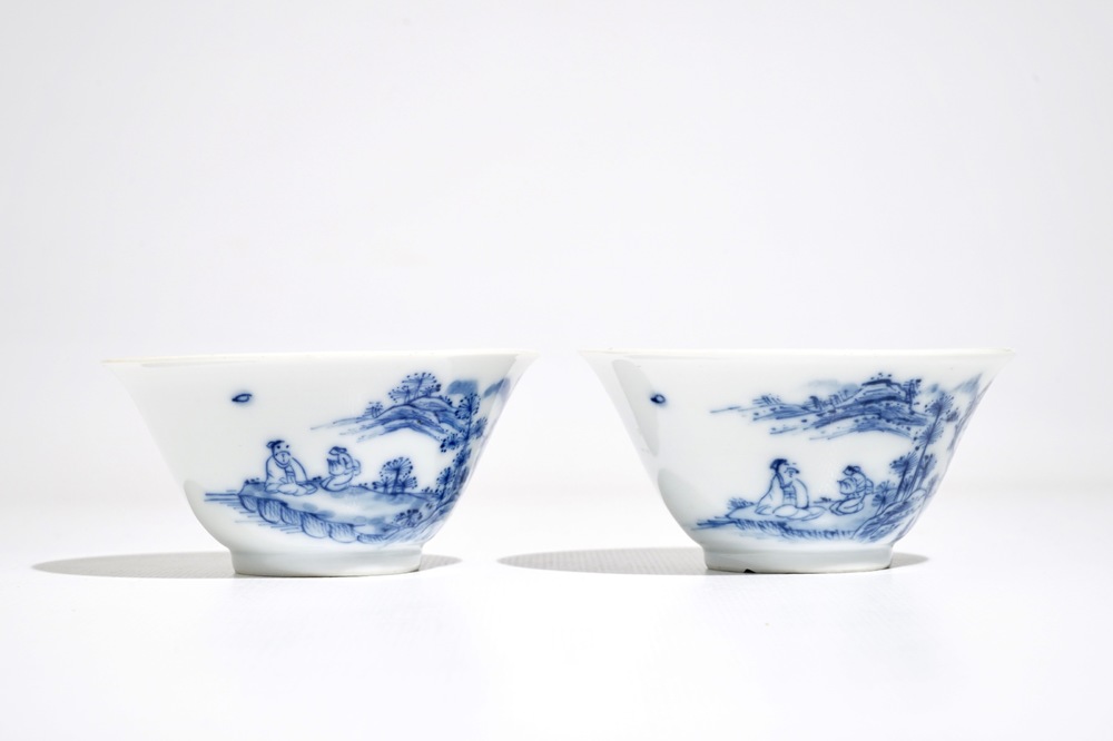A pair of Chinese blue and white wine cups, Yongzheng