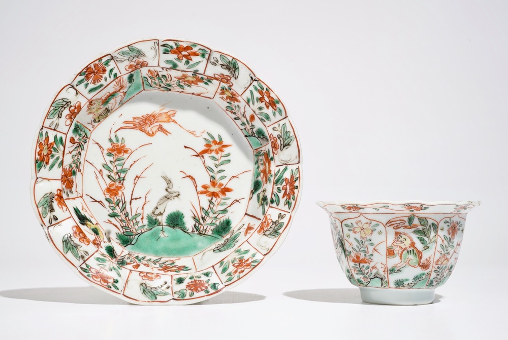 A Chinese famille verte cup and saucer with egrets, Kangxi