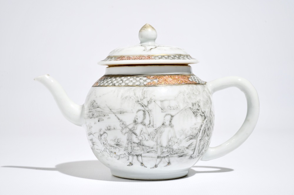 A Chinese grisaille teapot and cover with Europeans, Yongzheng