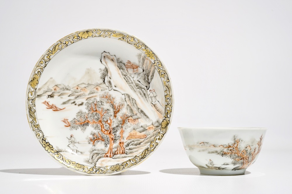 A Chinese grisaille and gilt cup and saucer with a fine landscape, Yongzheng