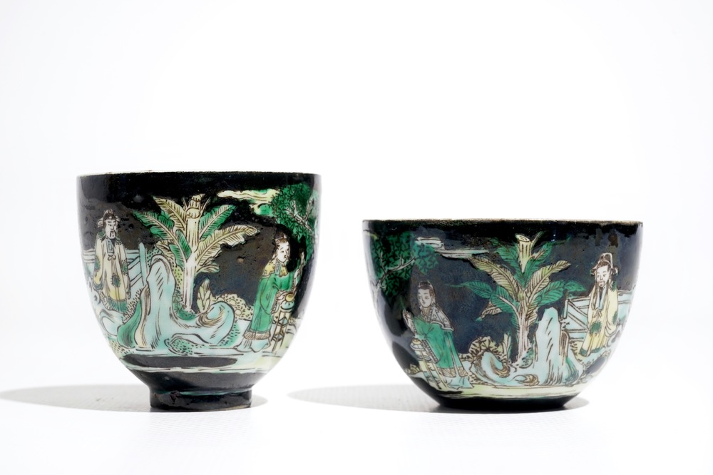 Two Chinese famille noire tea bowls, 19th C.