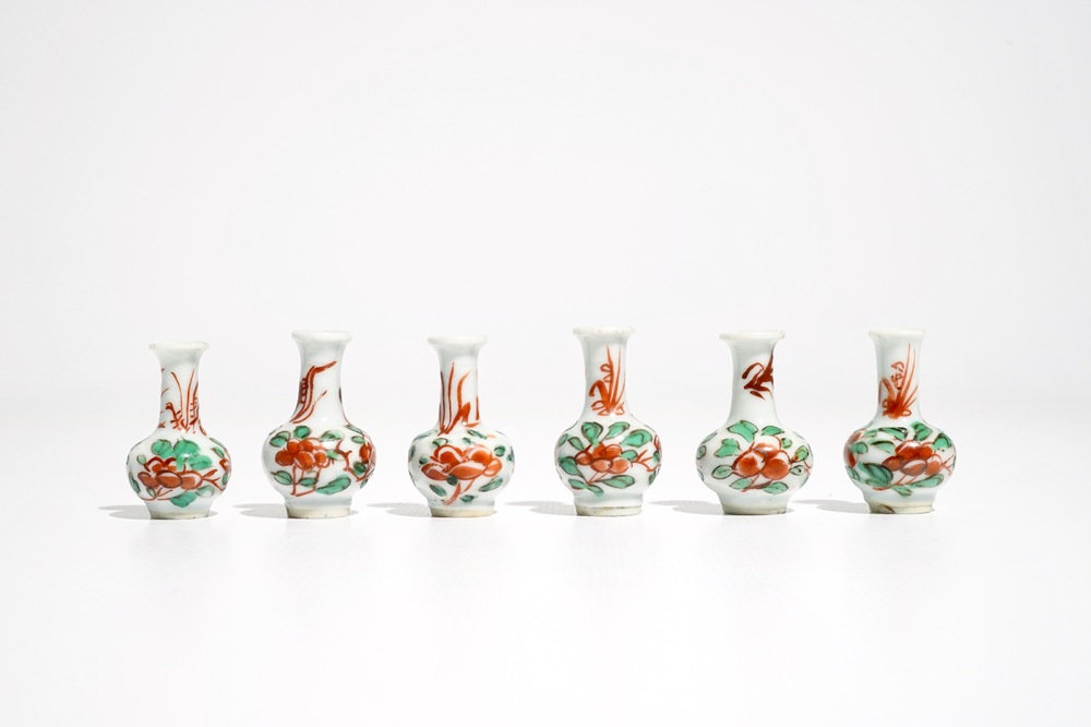 Six Chinese miniature or dolls' house famille verte vases, Kangxi