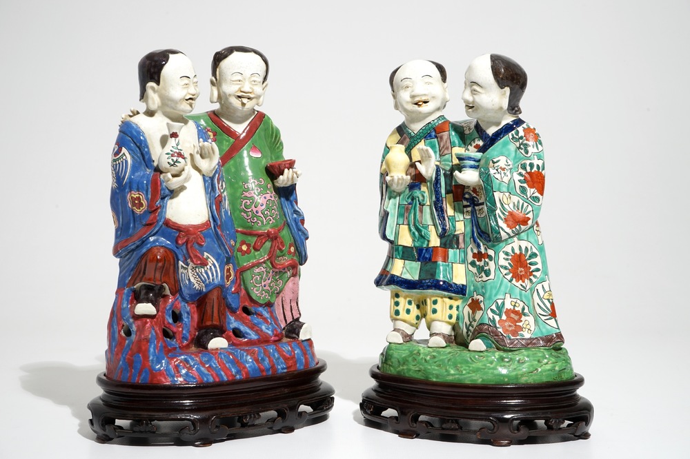 Twee grote Chinese famille rose groepen met de Hehe Er Xian broers, 19/20e eeuw