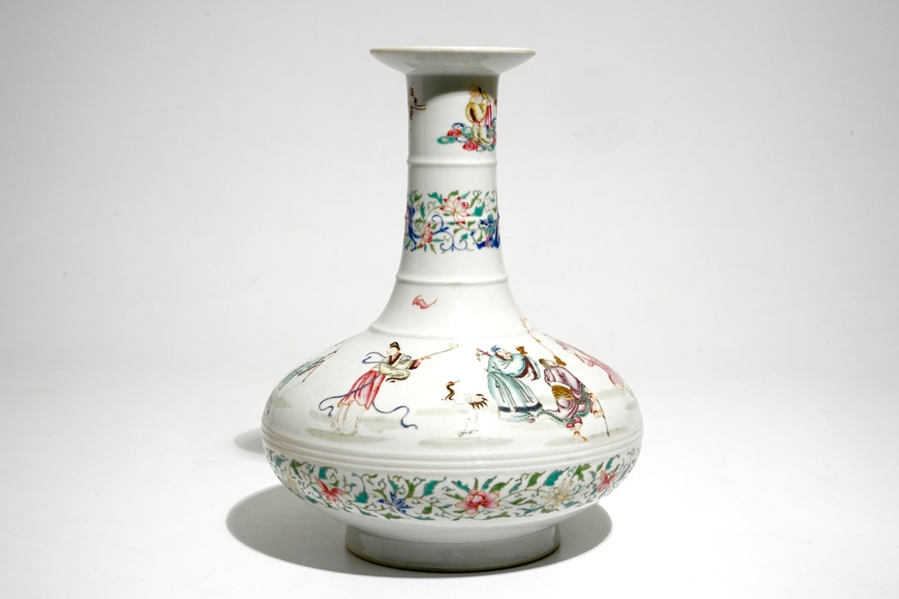 A Chinese famille rose vase with the eight immortals, 20th C.