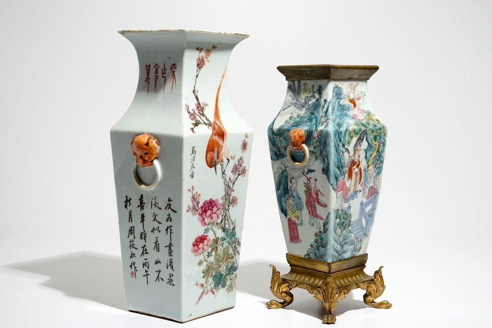 Een vierkante Chinese qianjiang cai vaas en een famille rose vaas met bronsmontuur, 19/20e eeuw