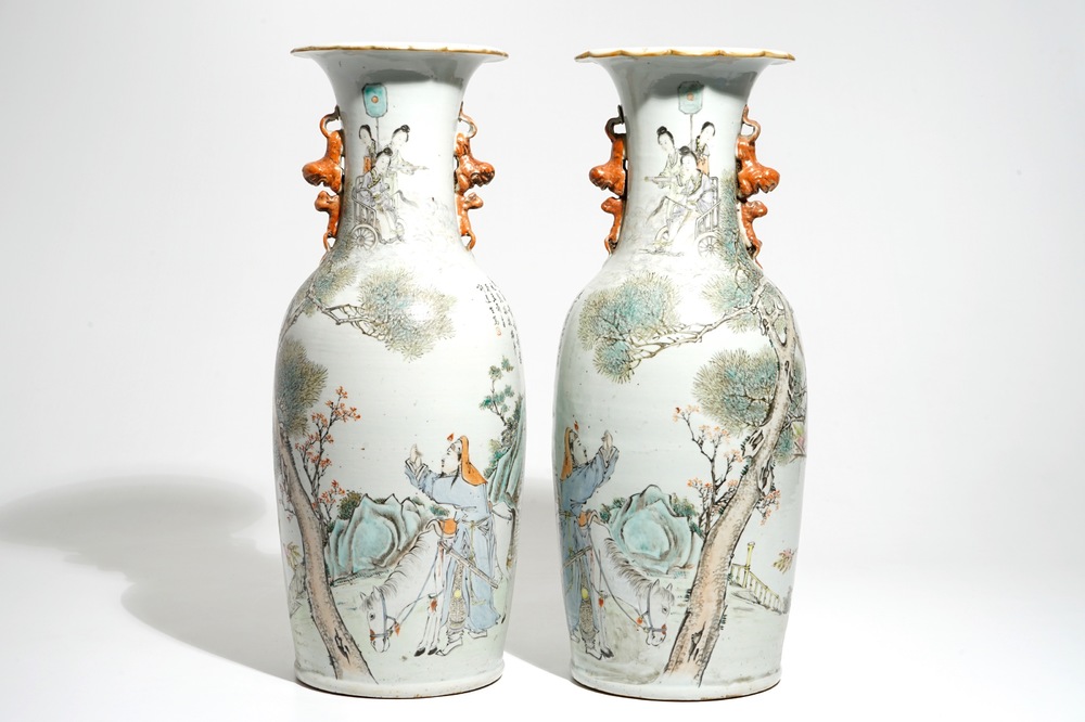 A pair of tall Chinese qianjiang cai vases with immortals, 19/20th C.