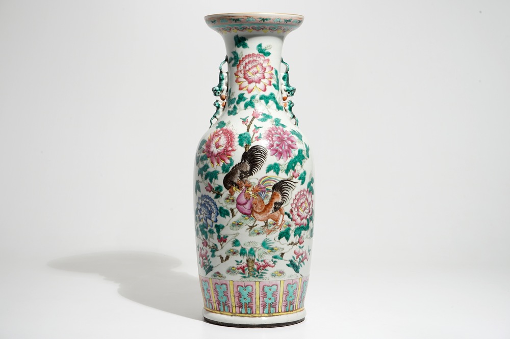 A tall Chinese famille rose vase with hens and roosters, 19th C.
