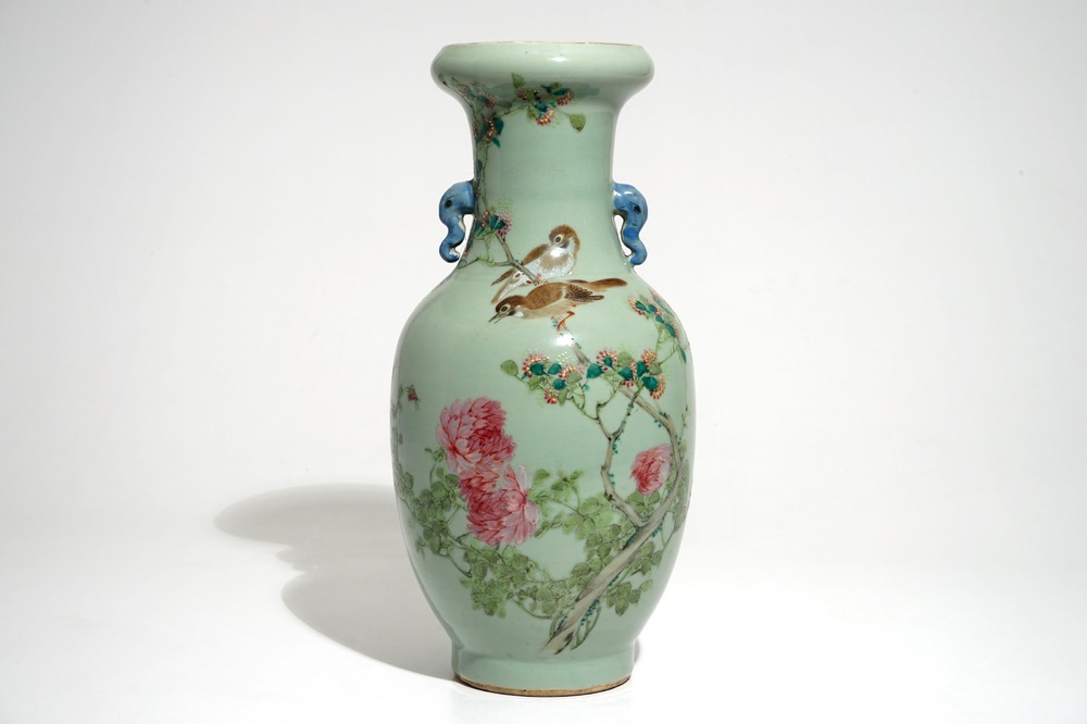 A Chinese celadon-ground qianjiang cai vase with elephant handles, 19/20th C.