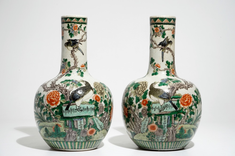 A pair of Chinese famille verte bottle vases, 19th C.
