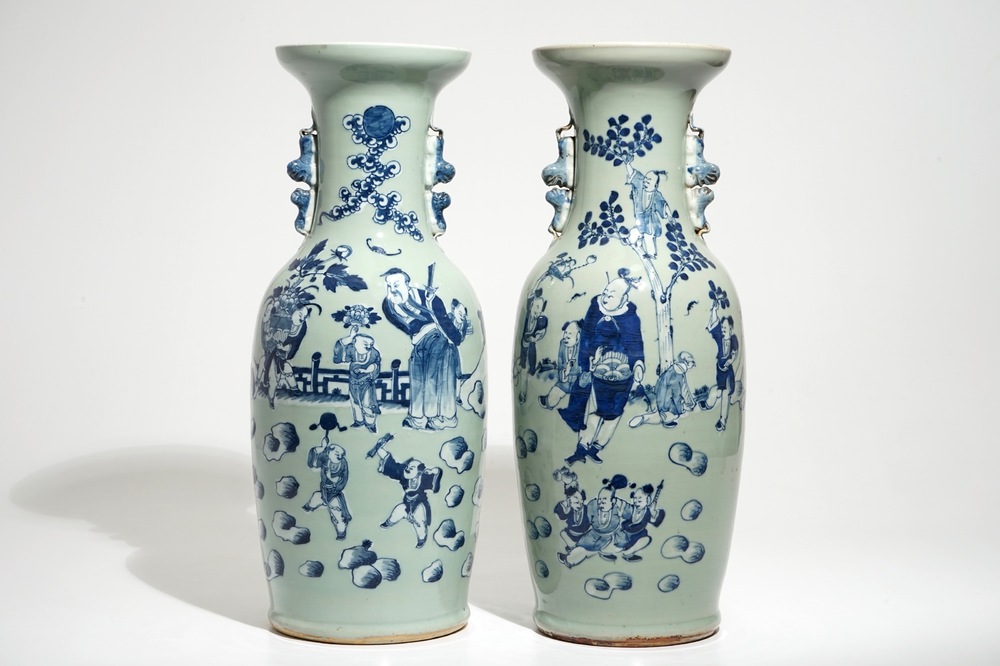 Two Chinese celadon-ground vases with blue and white design, 19th C.