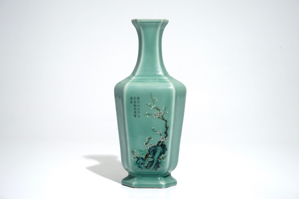 A Chinese celadon vase with calligraphy and floral design, Qianlong mark, 19/20th C.